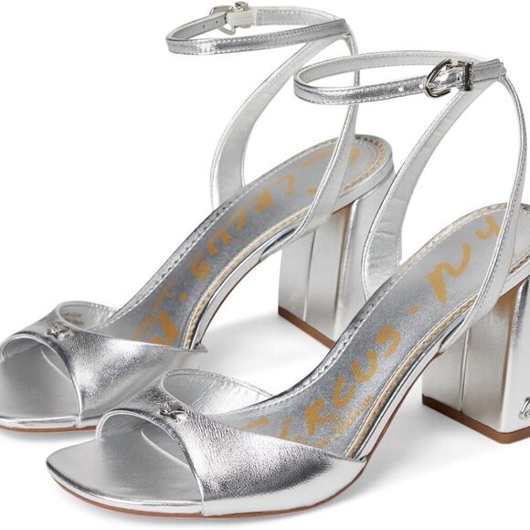 Women's Silver Leather Heeled Sandal 3.375 Inch Block Heel Buckle Closure